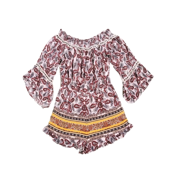 Clover+Scout Romper large Junior Multicolor Paisley Off the Shoulder Bell Sleeve - Picture 1 of 7